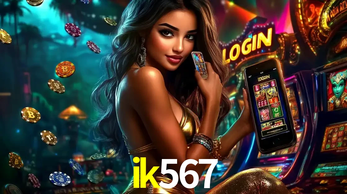 Mulher em um cenário de cassino temático de aventura, mostrando o app de caça-níqueis da ik567 no celular. Fichas de apostas flutuam ao redor.